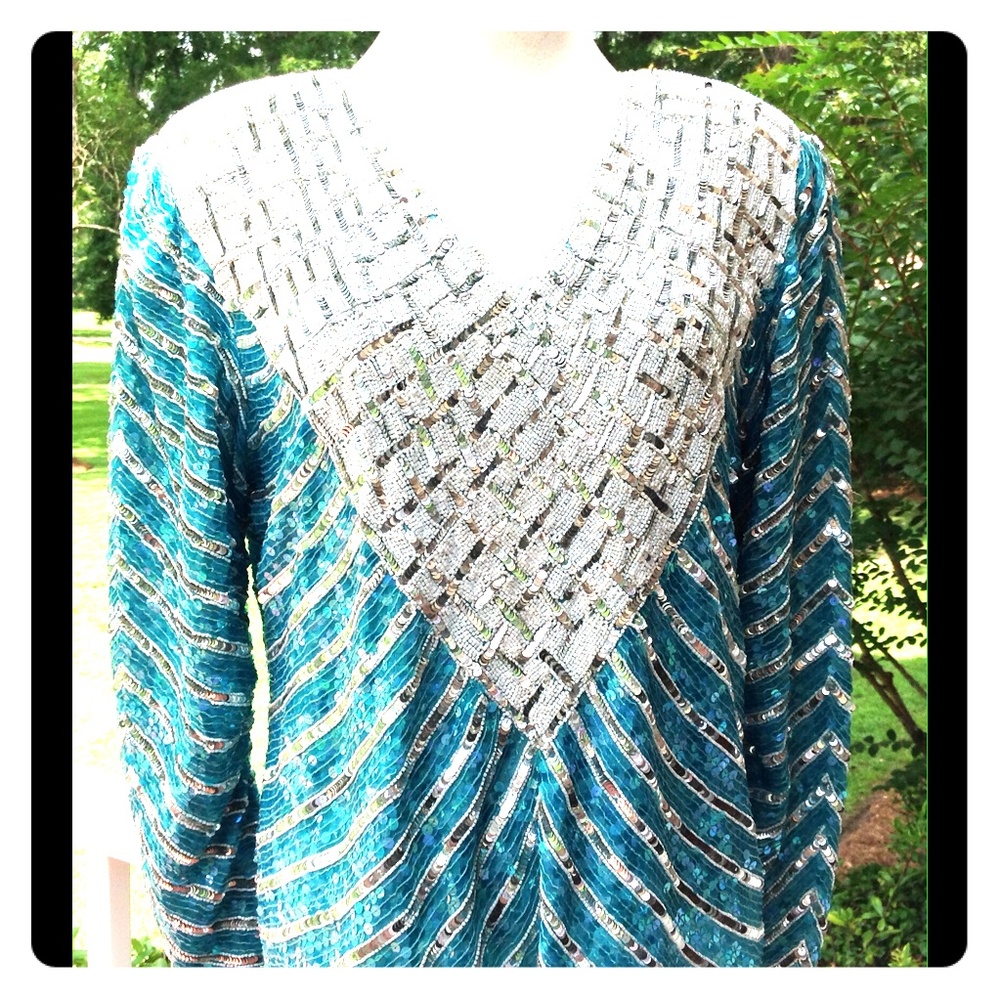 Vintage Blue White Sequin Blouse Silver Beaded